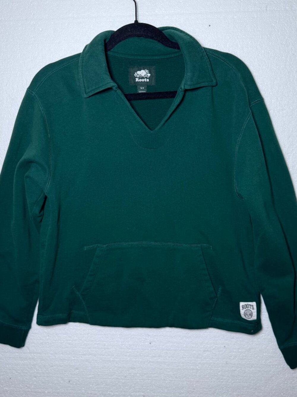 Roots Size Small Canada Logo Green Fleece Collared Pullover Sweatshirt Athletic